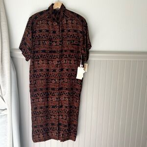 ⭐️ vintage NEW 100% Silk Gillian Size 4 Black Brown Patterned Button Down Dress